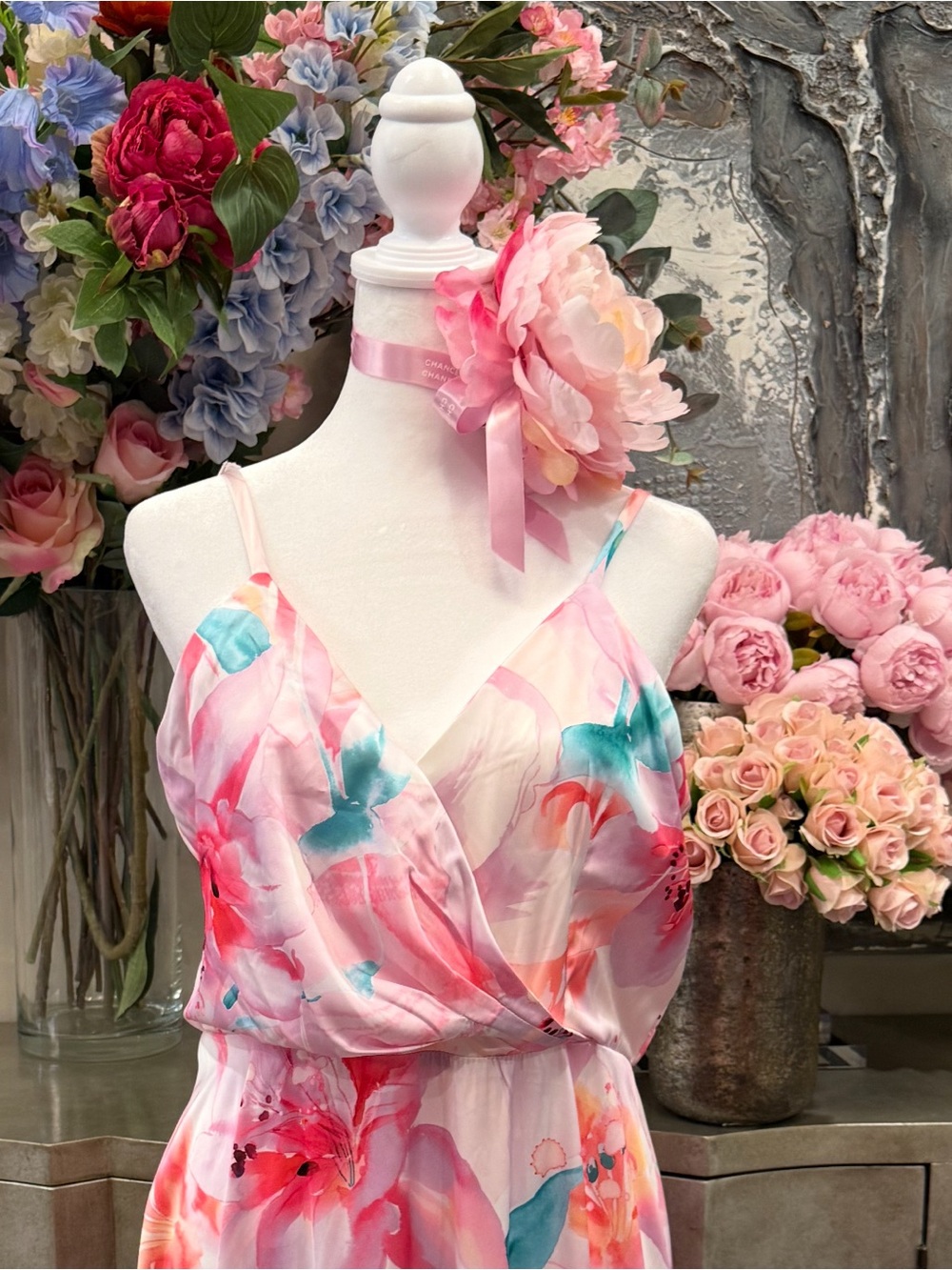 Nicole Miller Soft Floral Pink Watercolor Maxi Dress